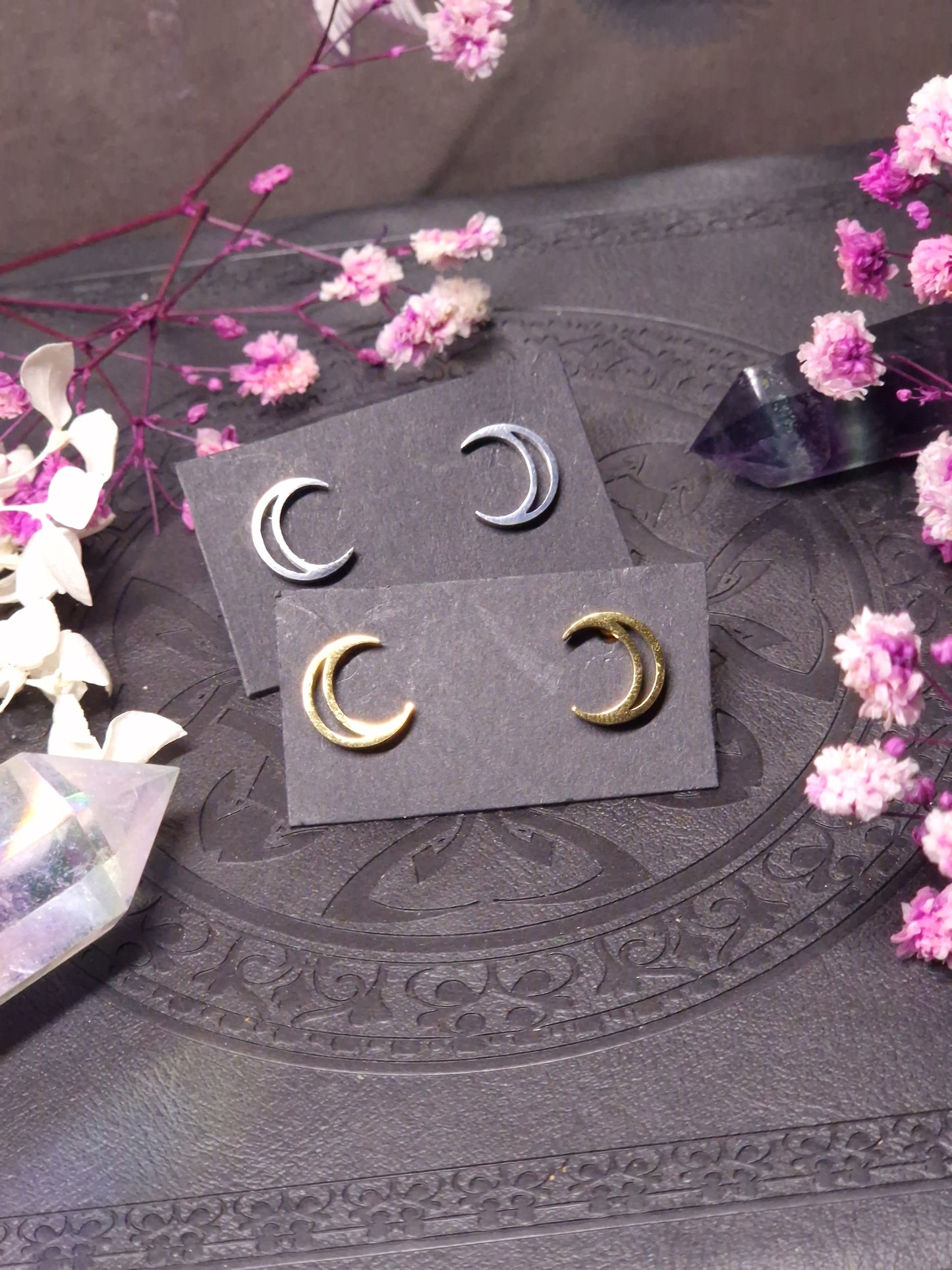 offene Halbmond Ohrstecker in silber/gold/schwarz