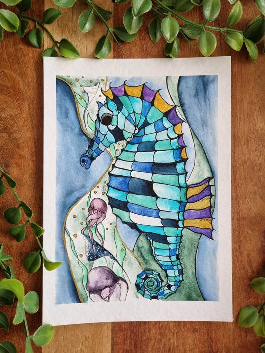 Seahorse Aquarell Kunstdruck „Seahorse Symphony“