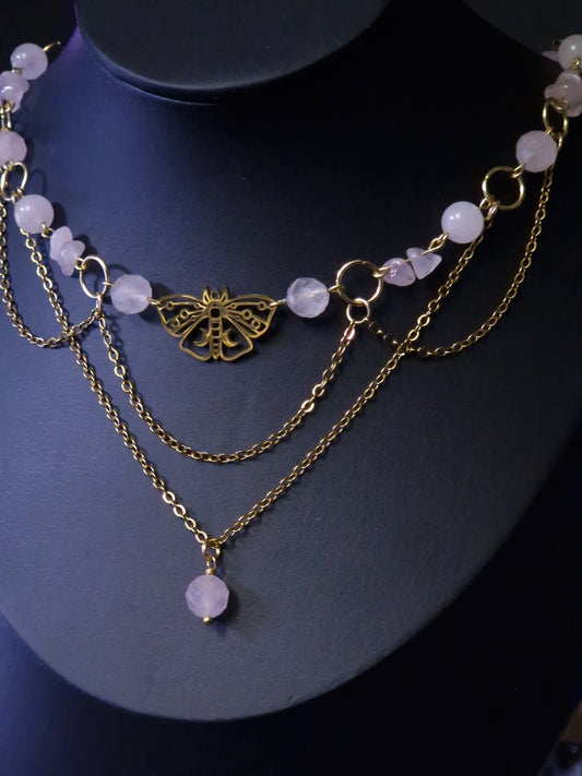 Rosenquarz Collier Moth & Moonlight