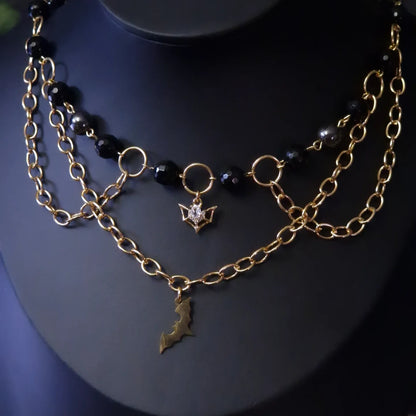 Onyx Kette mit Fledermaus gold