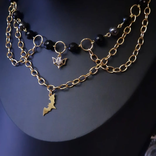 Onyx Kette mit Fledermaus gold